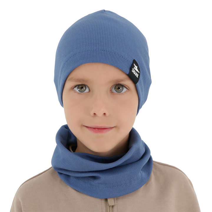 Boy's spring, autumn set: hat and tube scarf, blue Rumel