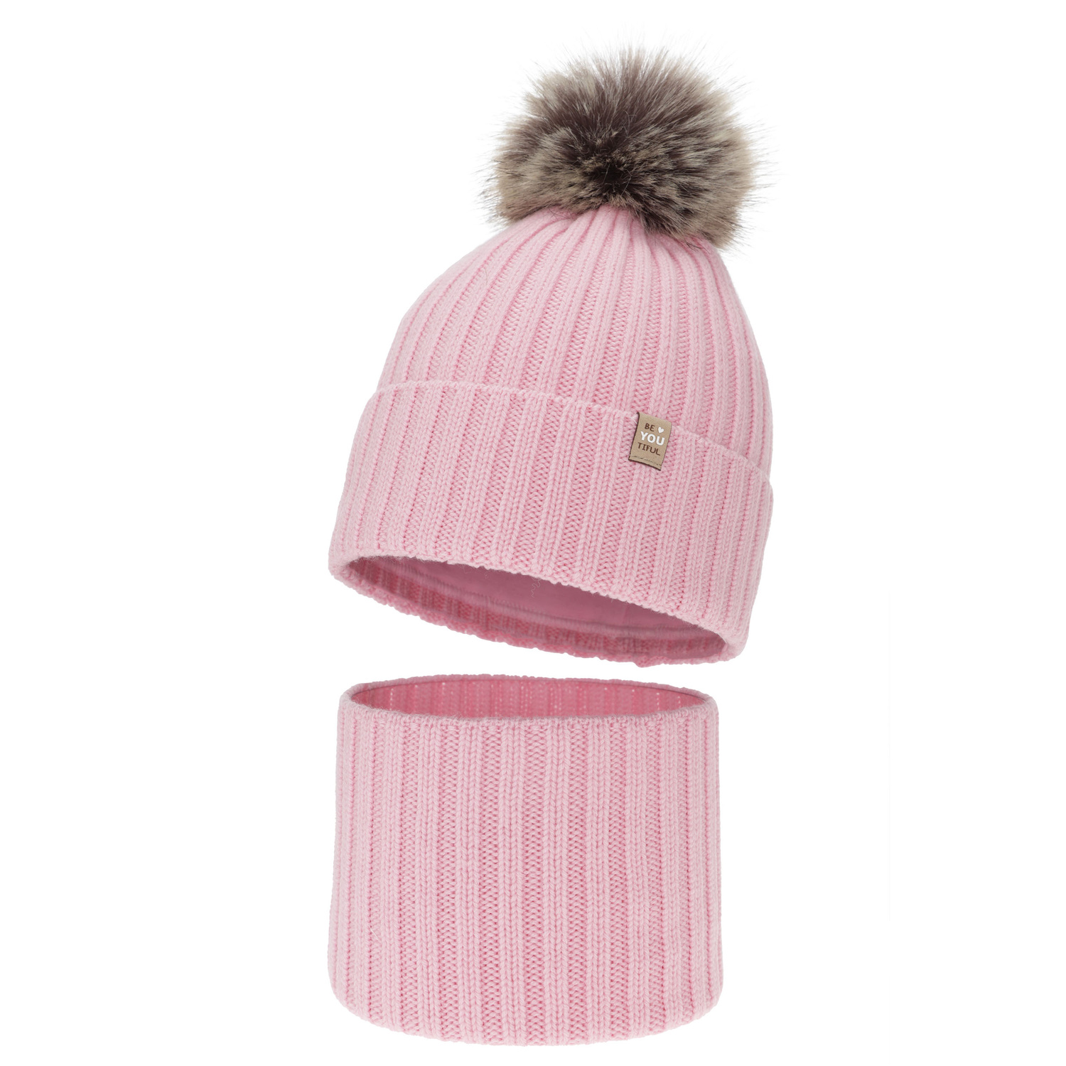 Girl's winter set: hat and tube scarf, 100% merino wool, cotton lining, with pompom, pink, Terida