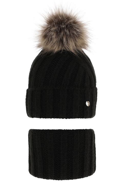 Girl's winter set: hat and tube scarf black Polaris with pompom