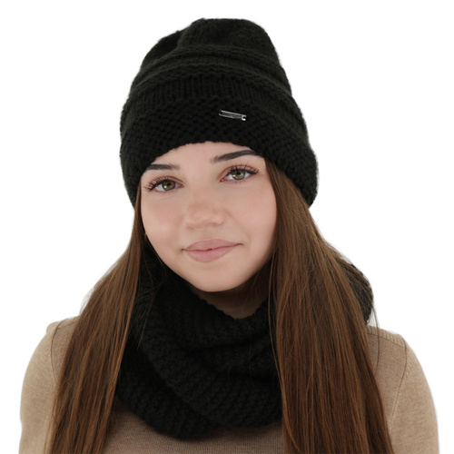 Winter set: hat and tube scarf, black, with merino wool, Driva