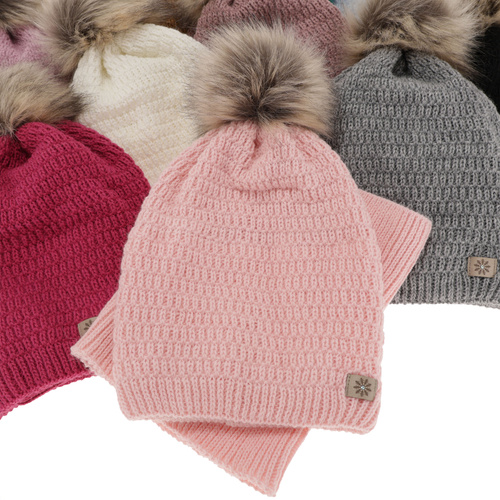 Girl's winter set: hat and tube scarf ecru Germina with pompom