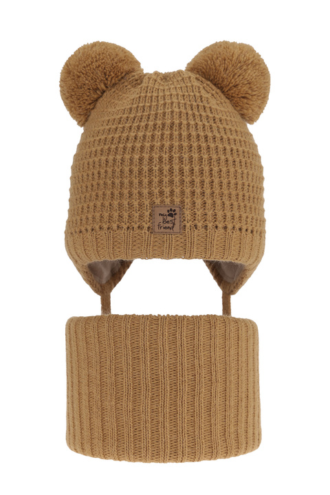 Boy's winter set: hat and tube scarf camel with two pompoms Krispi