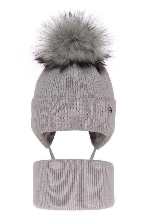 Girl's winter set: hat and tube scarf grey Kornela with pompom