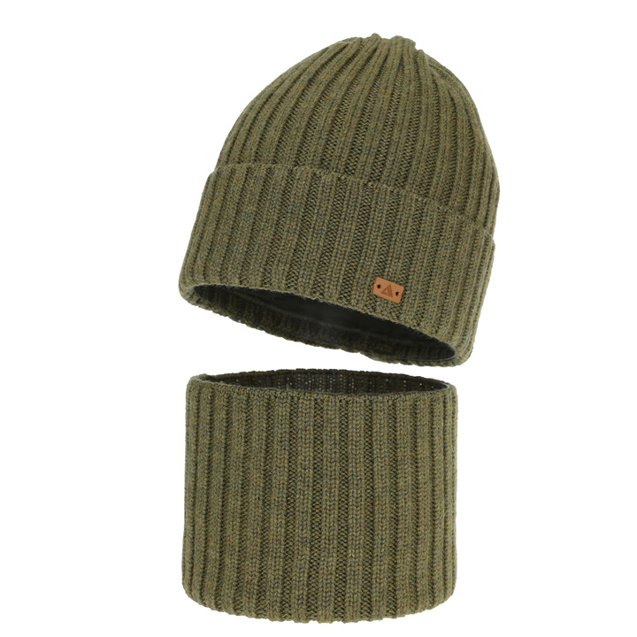 Boy's winter set: hat and tube scarf, khaki, 100% merino wool, Umberto