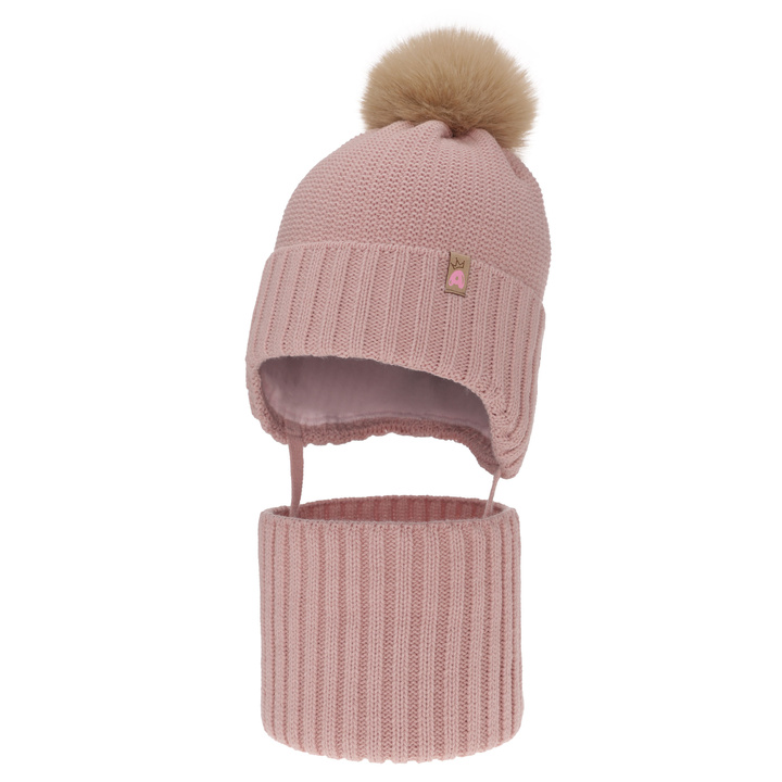 Girl's winter set: hat and tube scarf pink with pompom Kaya