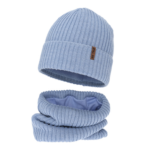 Hat and tube scarf lined with fleece for boy winter set, blue, with merino wool, Colton