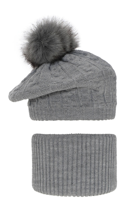 Girl's winter set: hat and tube scarf grey Koffi with pompom