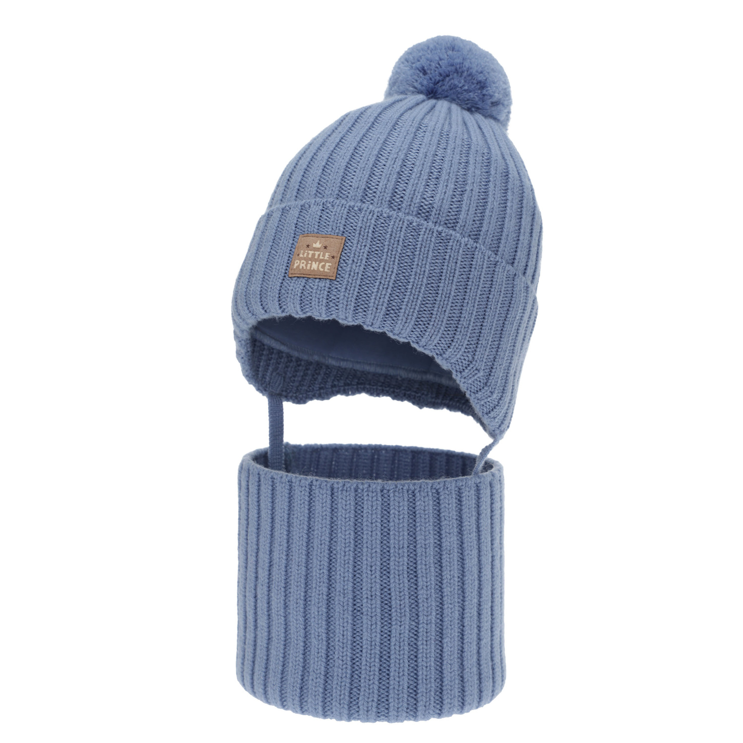 Boy's winter set: hat and tube scarf, blue, 100% merino wool, cotton lining, with ears, Masil