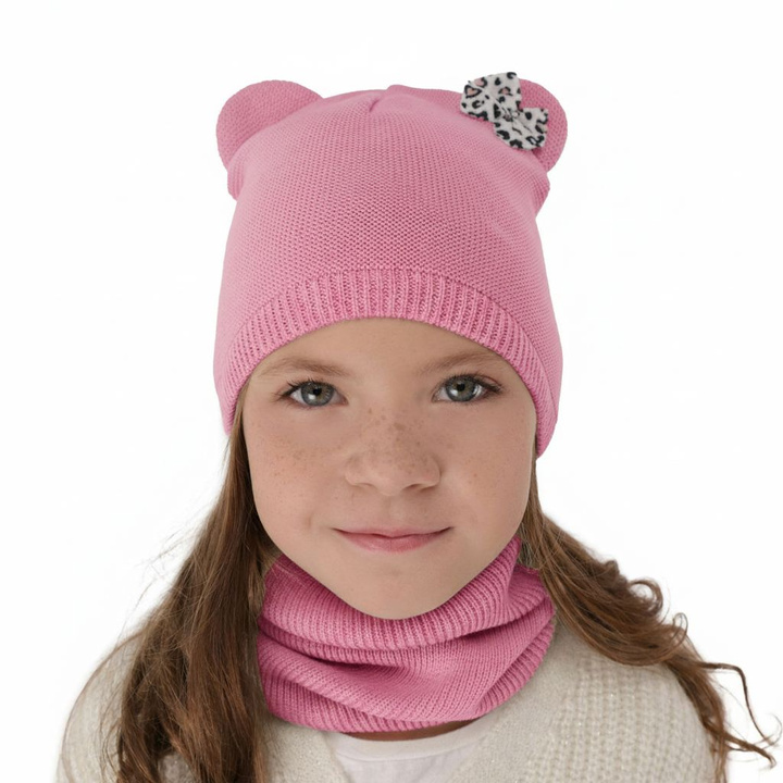 Girl's spring/ autumn set: hat and tube scarf, with cotton, pink Nicolette