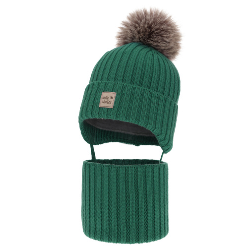 Boy's winter set: hat and tube scarf, green, 100% extra fine merino wooll, lined with wool fleece Morti