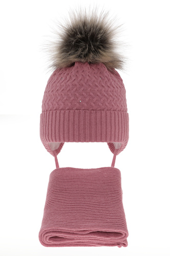 Girl's winter set: hat and scarf pink with pompom Zelta