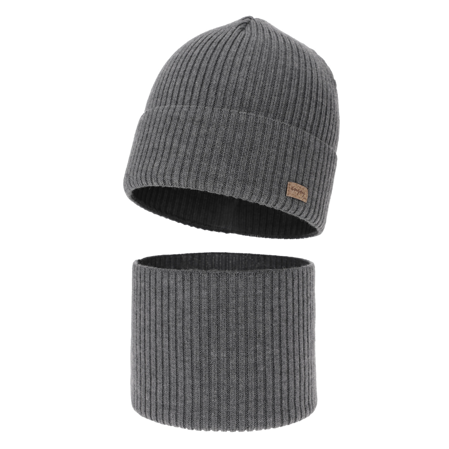 Boy's spring/ autumn set: hat and tube scarf grey 100% extra finemerino wool Intro