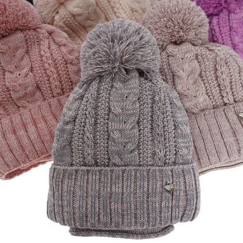 Girl's winter set: hat and tube scarf pink Maroko with pompom