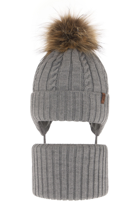 Boy's winter set: hat and tube scarf grey Peter with pompom