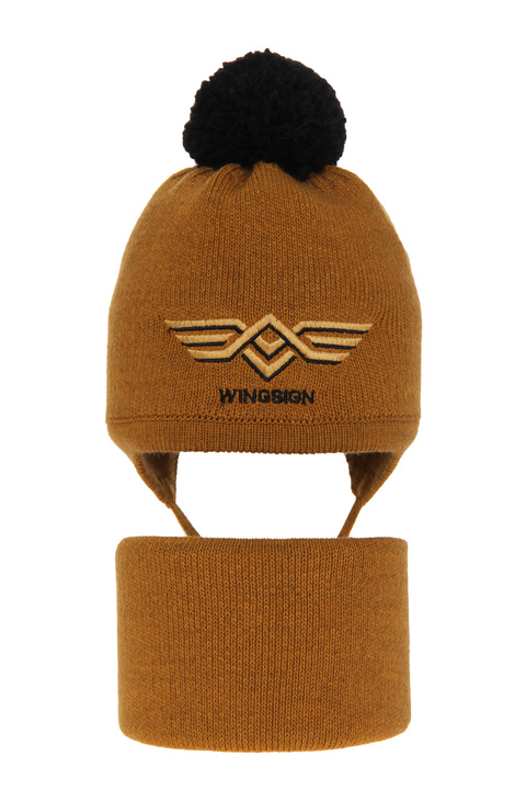 Boy's winter set: hat and tube scarf mustard Wings with pompom