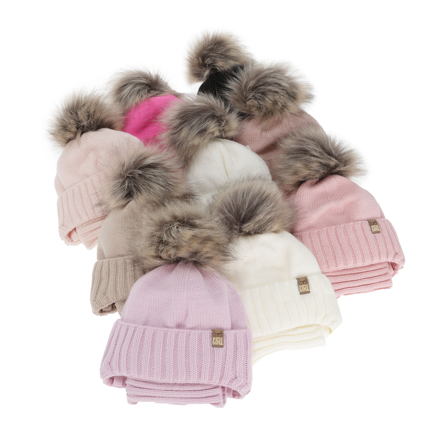 Girl's winter set: hat and tube scarf, cream, with pompom, Primula