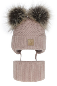 Girl's winter set: hat and tube scarf pink Minsi with two pompom