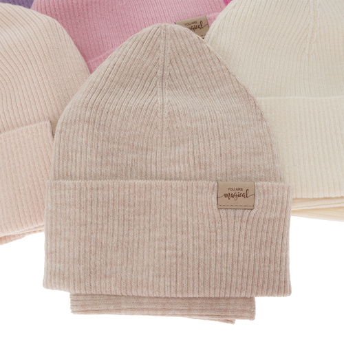 Girl's spring, autumn set: hat and tube scarf, beige, 100% merino wool, Magenta