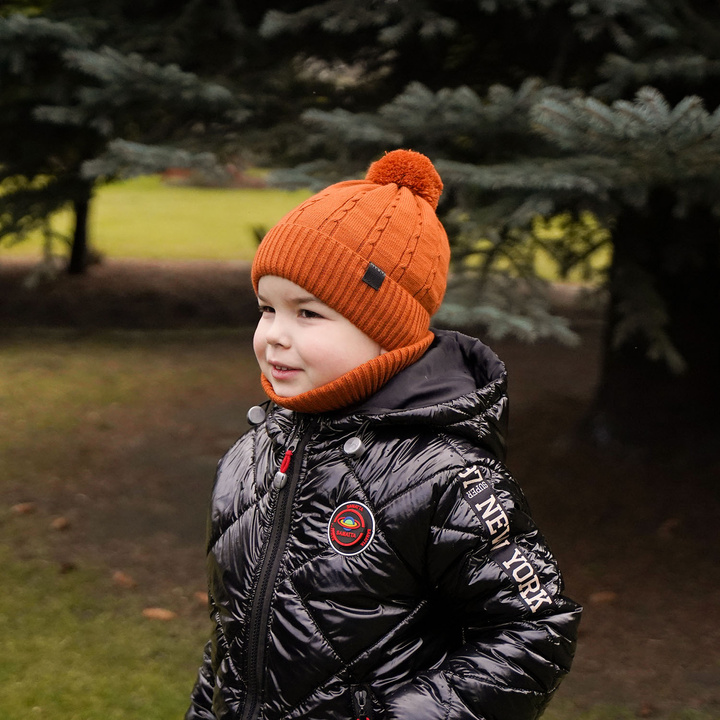 Boy's winter set: hat and tube scarf khaki Deny with pompom