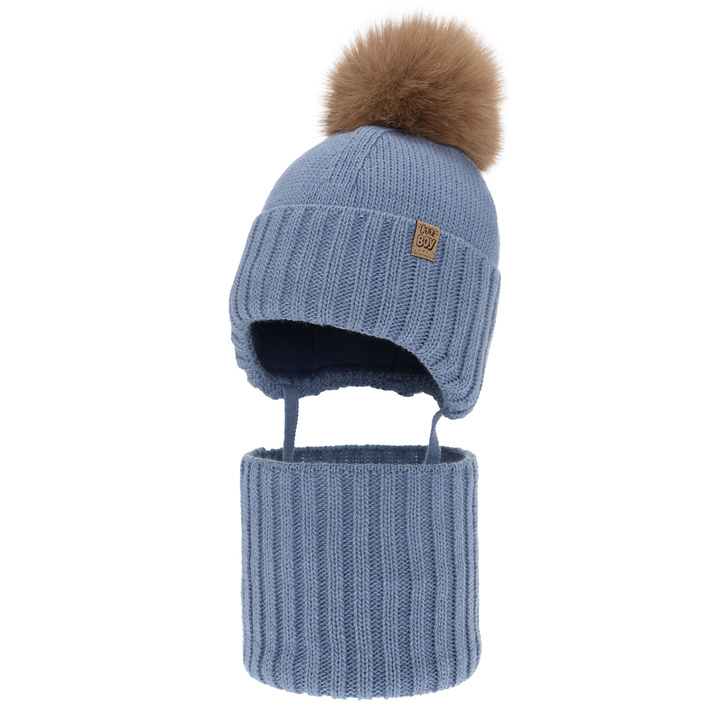 Boy's winter set: hat and tube scarf, blue, with pompom, Talens