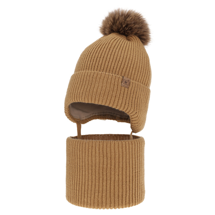 Boy's winter set: hat and tube scarf camel Zico with pompom