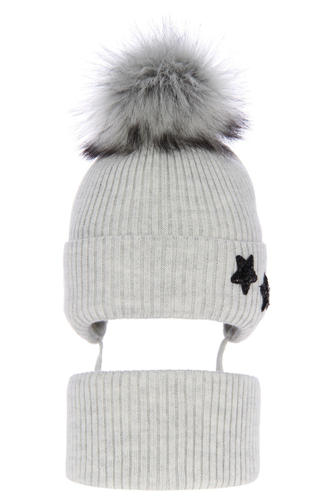 Girl's winter set: hat and tube scarf grey Delicja with pompom 