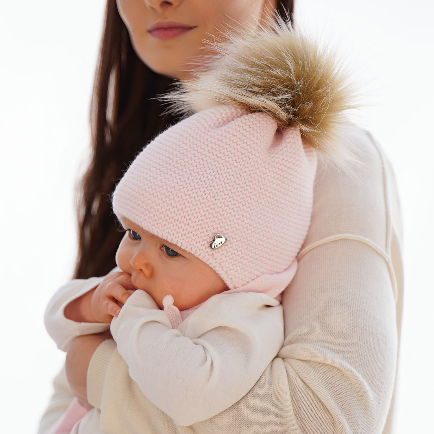 Girl's winter set: hat and scarf pink Aimi with pompom