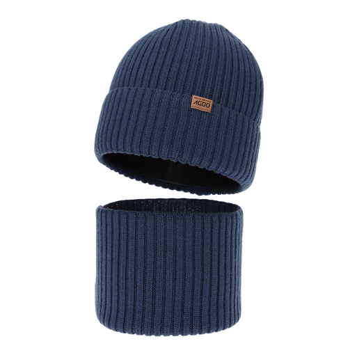Hat and tube scarf for boy, winter set, 100% merino wool, with merino wool lining, blue, Domin