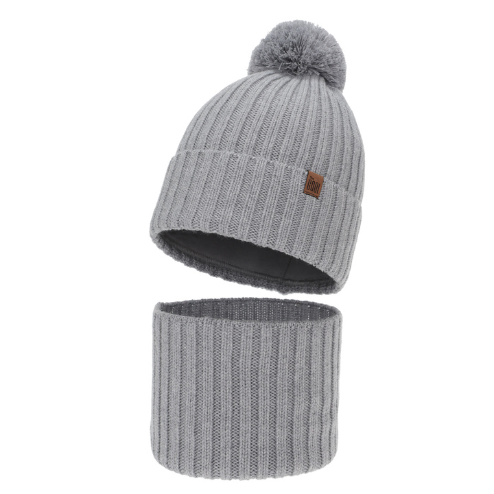 Boy's winter set: hat and tube scarf, light grey, 100% merino wool, cotton lining, Tolmar