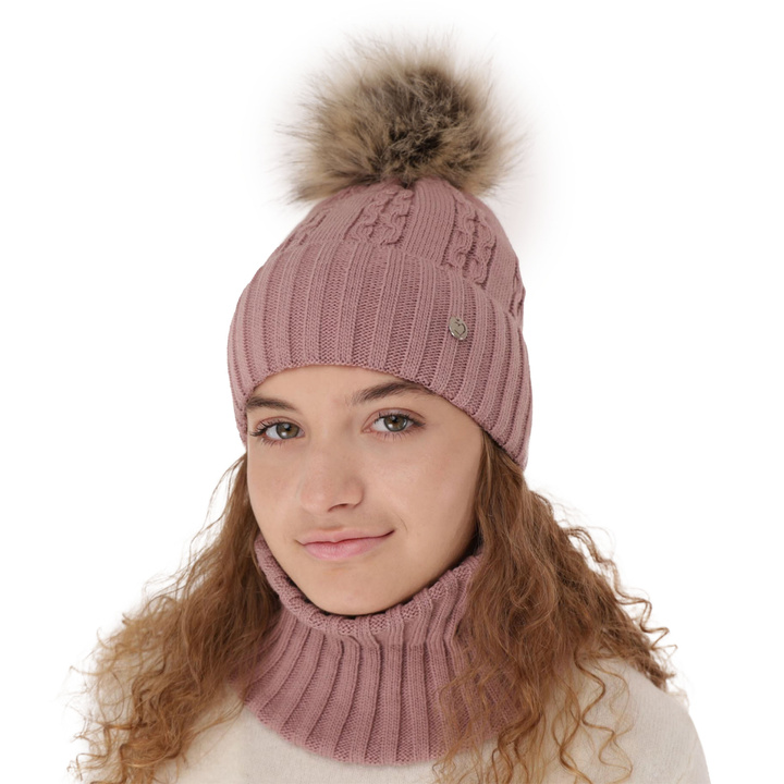 Girl's winter set: hat and tube scarf violet Felia with pompom