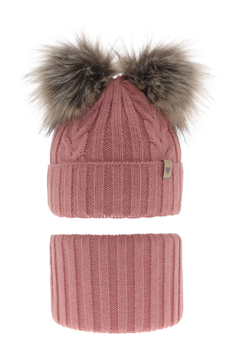 Girl's winter set: hat and tube scarf pink with two pompoms Amala