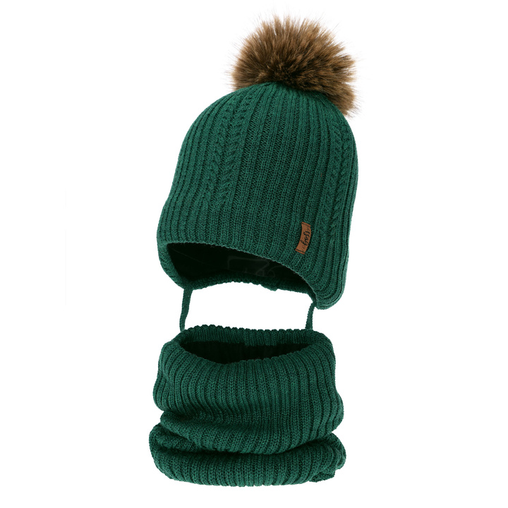 Boy's hat and tube scarf winter set, green, with merino wool, with ties Zongo