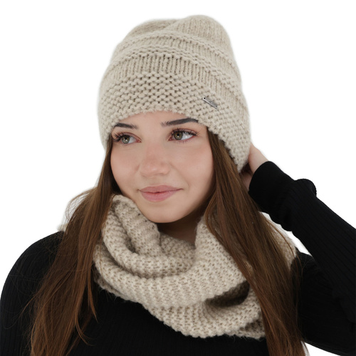 Woman's winter set: hat and tube scarf, light beige, with merino wool, Driva