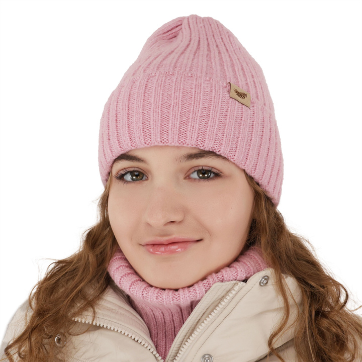 Girls winter set hat and tube scarf pink with merino wool Karmina