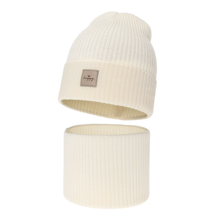 Girl spring, autumn set: hat and tube scarf, ecru, 100% merino wool, Vanita