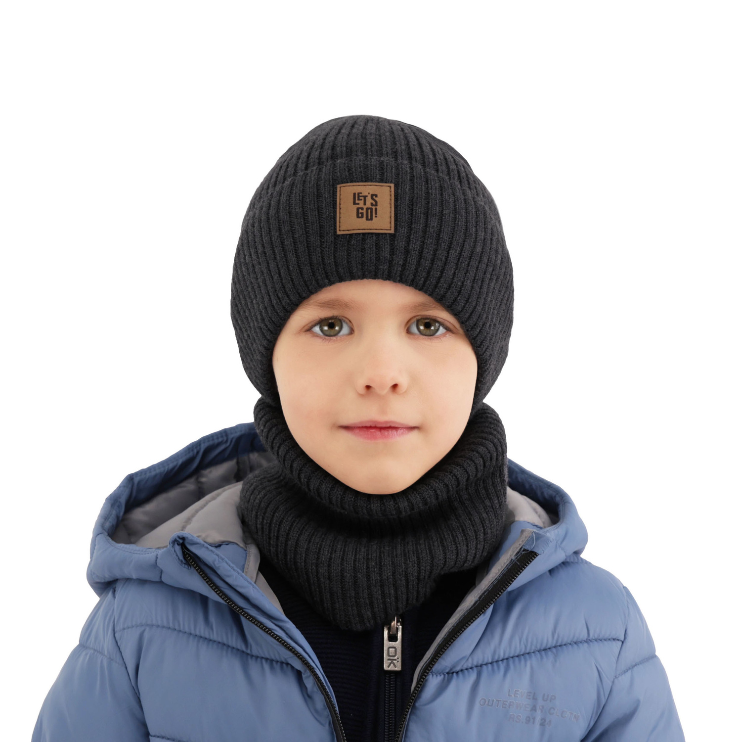 Boy's spring, autumn set: hat and tube scarf navy blue 100% merino wool Vanto
