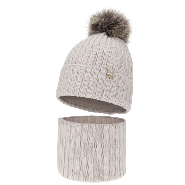 Girl's winter set: hat and tube scarf, beige, 100% merino wool, cotton lining, with pompom, Terida