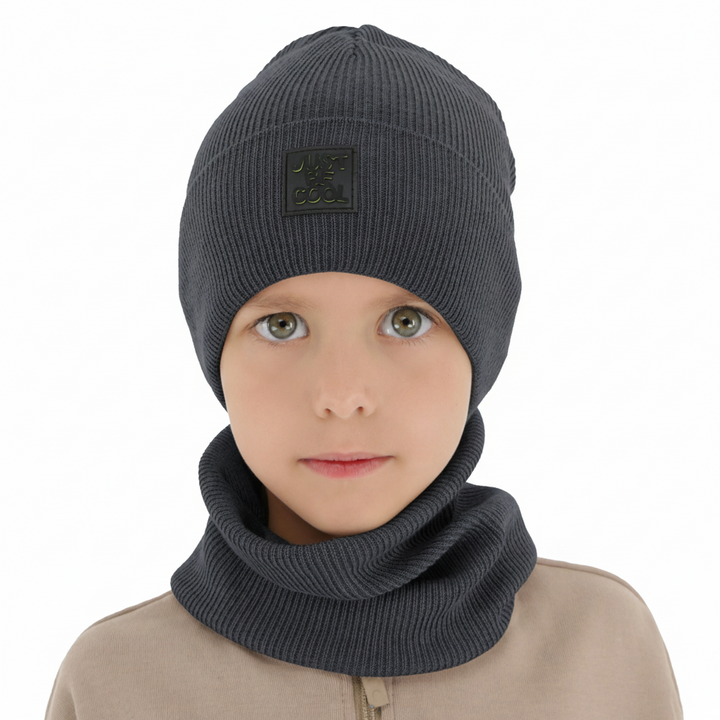 Boy's spring, autumn set: hat and tube scarf, with cotton, gray, Jonas