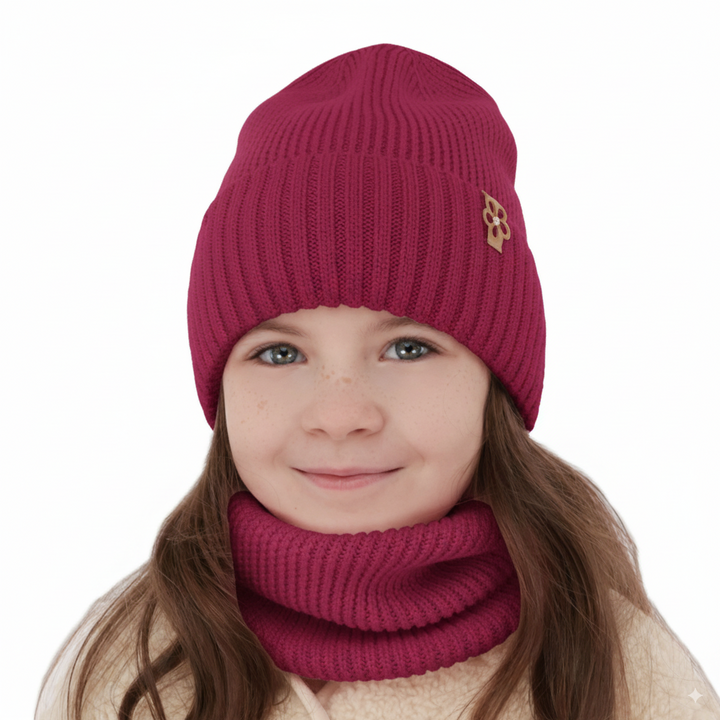 Girl's winter set: hat and tube scarf amaranth 100% extra finemerino wool Nelita