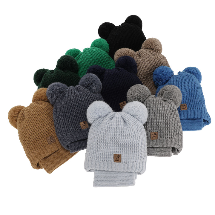 Boy's winter set: hat and tube scarf beige with two pompoms Krispi