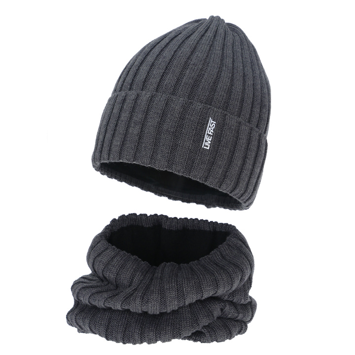 Boy's winter set: hat and tube scarf, gray, with merino wool, fleece lining, Banasko
