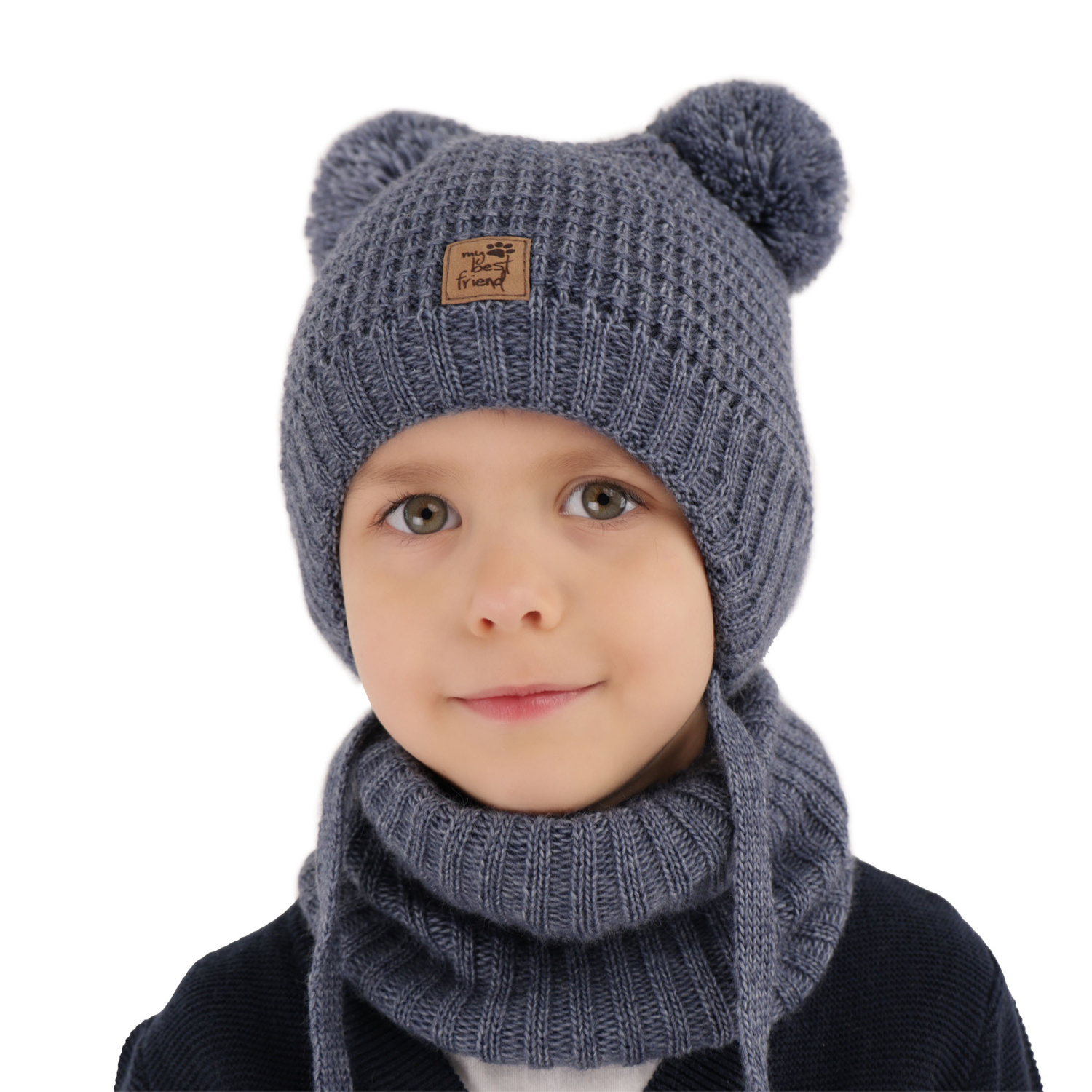 Boy's winter set: hat and tube scarf navy blue with two pompoms Krispi