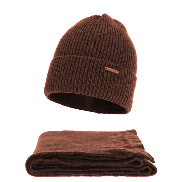 Woman's winter set: hat and scarf, brown, with merino wool, Seala