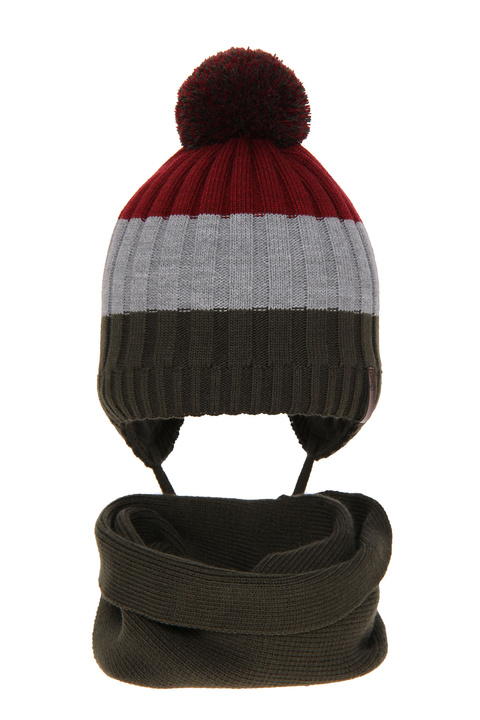 Boy's winter set: hat and tube scarf khaki Hary with pompom