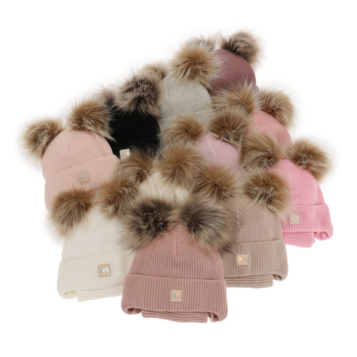 Girl's winter set: hat and tube scarf violet with two pompoms Kiara