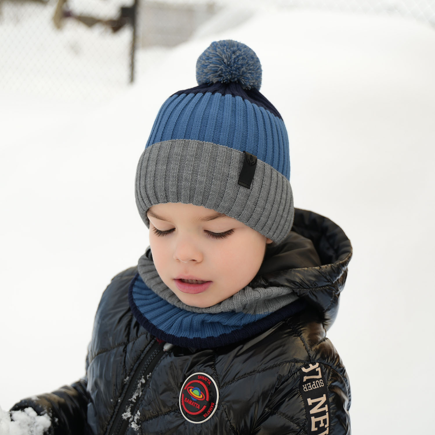 Boy's winter set: hat and tube scarf navy blue Karson with pompom