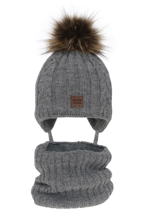 Boy's winter set: hat and tube scarf grey Casper with pompom