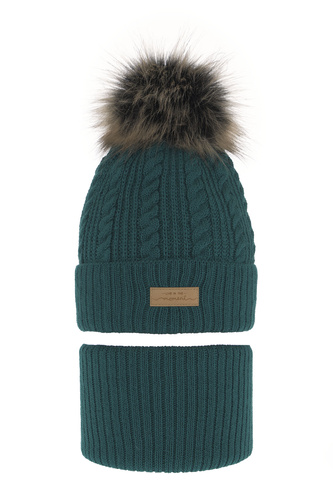 Girl's winter set: hat and tube scarf green Alika with pompom