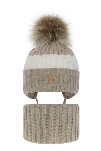 Girl's winter set: hat and tube scarf beige Riviera with pompom