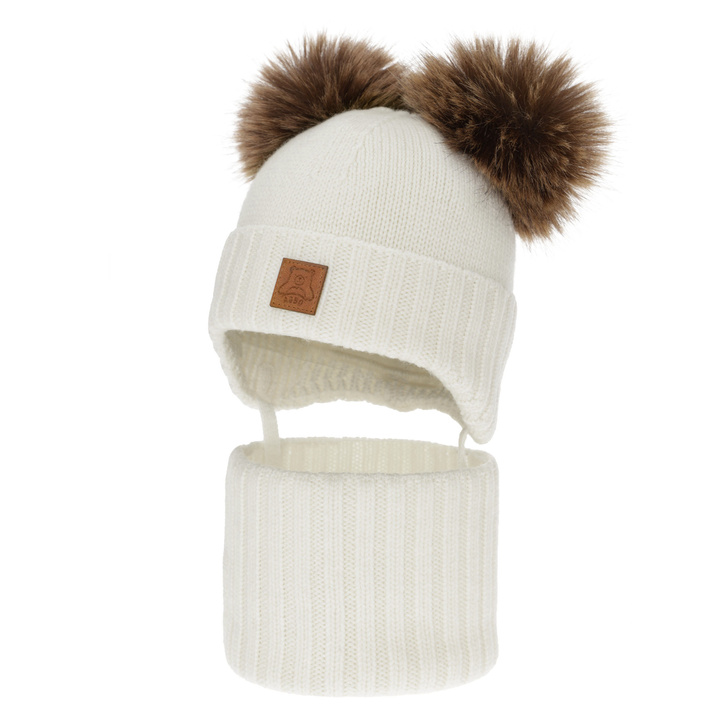 Boy's hat and snood, winter set, white, 100% merino wool, lined with wool fleece, Ronik